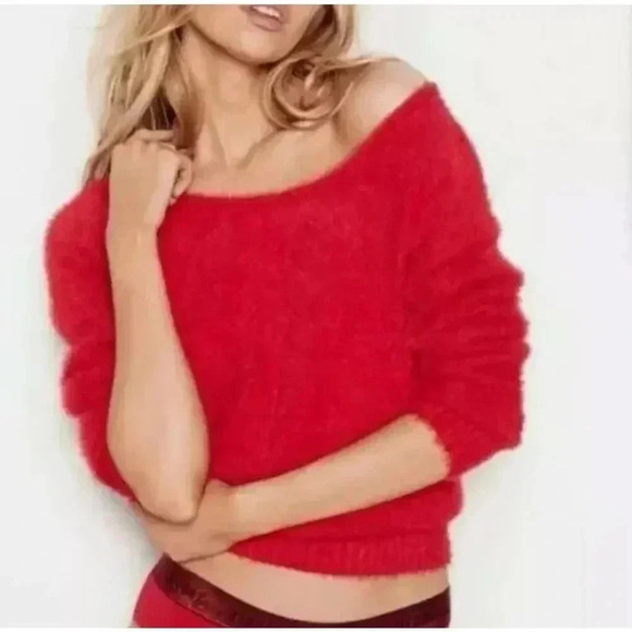 Victoria's Secret Fuzzy Sweater Red Pullover Top Rib Trim Long Sleeves Medium - Picture 9 of 9